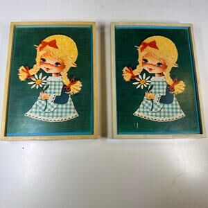 Vintage Nevco Mid-Century Pair of Big-Eyed Girl Framed Pictures by Ephemera
